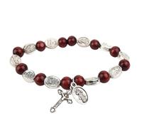 EZVFIRPDFZ Braccialetto elastico con rosario Divine Mercy, perline in legno rosso con ciondolo a forma di crocifisso in metallo, cattolico, da donna, 19 cm