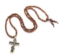 EZVFIRPDFZ Collana con crocifisso, rosario con perline di legno, realizzata a mano, in acciaio inox, con ciondolo cristiano per uomini e donne