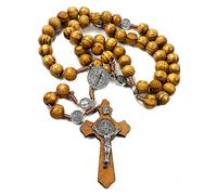 EZVFIRPDFZ Collana rosario con perline di legno, medaglia di San Benedetto e croce cattolica, preghiera religiosa, coroncina fatta a mano, sacchetto di velluto