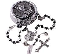 EZVFIRPDFZ Collana rosario da uomo con perline di ematite nera, San Michele Arcangelo, con scatola regalo in metallo