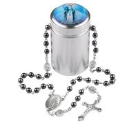 EZVFIRPDFZ Rosario cattolico con perline di ematite nera, 6 mm, con ciondolo a forma di cuore e cuore, in confezione regalo in metallo, per uomini e donne