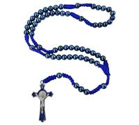 EZVFIRPDFZ Rosario cattolico da uomo con perline di ematite blu, 8 mm, medaglia di San Benedetto, crocifisso intrecciato a mano, rosario intrecciato a mano, con sacchetto per rosario e biglietto di
