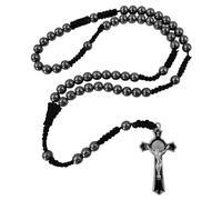 EZVFIRPDFZ Rosario cattolico da uomo con perline di ematite nera, 8 mm, medaglia di San Benedetto, crocifisso intrecciato a mano, rosario con sacchetto per rosario e biglietto di preghiera religioso