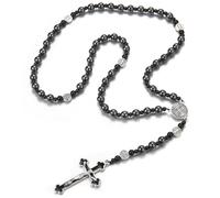 EZVFIRPDFZ Rosario cattolico di San Benedetto con perline di ematite, collana con ciondolo a forma di crocifisso per uomo, rosario per preghiera, meditazione, medaglie, ossidiana, braccialetto