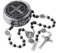 EZVFIRPDFZ Rosario cattolico di San Benedetto da 6 mm con perline nere di ematite per uomo e ragazzo con pezzo centrale di San Benedetto e crocifisso con scatola in metallo