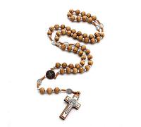 EZVFIRPDFZ Rosario cattolico in legno fatto a mano con crocifisso e ciondolo a forma di croce con preghiera cristiana Gerusalemme Holyland Y collana per donne uomini unisex gioielli regalo