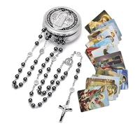 EZVFIRPDFZ Rosario cattolico per uomini e donne, pezzo centrale di San Benedetto e crocifisso, rosario in cistale nero con scatola miracolosa di San Benedetto e 18 biglietti di preghiera
