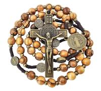 EZVFIRPDFZ Rosario con crocifisso di San Benedetto in legno di ulivo, collana cattolica da uomo, medaglie di San Benedetto, vintage, fatto a mano, rosario religioso e biglietto di preghiera