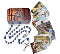 EZVFIRPDFZ Rosario con perline cattoliche, medaglia del suolo sacro, crocifisso con scatola in metallo e 18 biglietti di preghiera