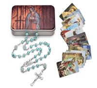 EZVFIRPDFZ Rosario con perline cattoliche, medaglia del suolo sacro, crocifisso con scatola in metallo e 18 biglietti di preghiera