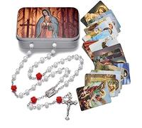 EZVFIRPDFZ Rosario con perline cattoliche, medaglia del suolo sacro, crocifisso con scatola in metallo e 18 biglietti di preghiera