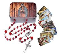EZVFIRPDFZ Rosario con perline cattoliche, medaglia del suolo sacro, crocifisso con scatola in metallo e 18 biglietti di preghiera