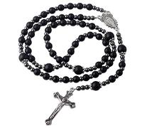 EZVFIRPDFZ Rosario con perline di vetro nere da 6 mm con perline di ematite da 4 mm, con centro miracoloso e crocifisso, in sacchetto regalo di velluto, per uomini e donne
