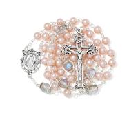 EZVFIRPDFZ Rosario di perle da 6 mm con crocifisso, collana cattolica da donna con sacchetto di velluto o scatola rosario