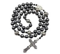 EZVFIRPDFZ Rosario in ematite con perline di pietra nera, collana in metallo con medaglia miracolosa e rosario a croce per uomo e donna NS