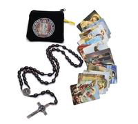 EZVFIRPDFZ Rosario in legno cattolico da uomo, medaglia di San Benedetto e croce, fornito in sacchetto e 18 biglietti di preghiera