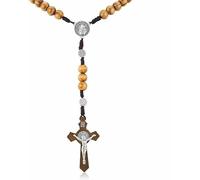 EZVFIRPDFZ Rosario in legno con ciondolo a forma di croce cattolica, collana da uomo con San Michele
