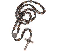EZVFIRPDFZ Rosario in legno da uomo cattolico con ciondolo a forma di croce in legno, collana da preghiera con perline ovali marroni con croce in bronzo, medaglia tradizionale di San Benedetto