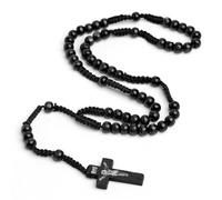 EZVFIRPDFZ Rosario in legno naturale con perline in legno naturale, collana bohémien fatta a mano da 8 mm, in legno con croce di Gesù, collana leggera in corda per uomini e donne, religiosa cristiana