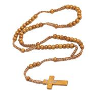 EZVFIRPDFZ Rosario in legno naturale con perline in legno naturale, collana bohémien fatta a mano da 8 mm, in legno con croce di Gesù, collana leggera in corda per uomini e donne, religiosa cristiana