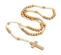 EZVFIRPDFZ Rosario in legno naturale con perline in legno naturale, collana bohémien fatta a mano da 8 mm, in legno con croce di Gesù, collana leggera in corda per uomini e donne, religiosa cristiana