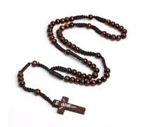 EZVFIRPDFZ Rosario in legno naturale con perline in legno naturale, collana bohémien fatta a mano da 8 mm, in legno con croce di Gesù, collana leggera in corda per uomini e donne, religiosa cristiana