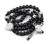 EZVFIRPDFZ Rosario in legno nero da 12 mm con San Benedetto centrale in metallo, collana da 53,3 cm con medaglia crocifissa, da uomo