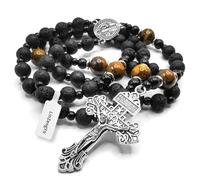 EZVFIRPDFZ Rosario in pietra vulcanica da uomo, collana rosario da uomo con medaglia, perline in pietra nera fatte a mano, rosario con croce di San Benedetto, regalo cattolico