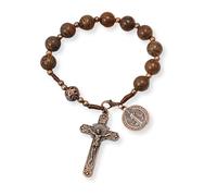 EZVFIRPDFZ Rosario tascabile con perline di legno, realizzato a mano, con medaglia di San e croce di Gesù in bronzo anticato