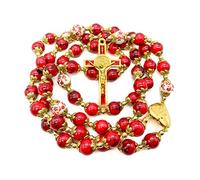EZVFIRPDFZ San Benedetto - Rosario con perline in vetro da 10 mm, collana cattolica con fiori misteriosi, medaglia miracolosa medaglione croce preghiera
