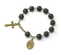 EZVFIRPDFZ San Benito - Bracciale con medaglietta e crocifisso con perline nere, rosario, medaglia cattolica di San Benedetto, in bronzo
