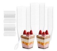 Ezvsevuo 50 Tazze da Dessert Plastica con Cucchiai,160ml Bicchierini Finger Food Trasparente per DIY Dolci,Quadrato Coppetta Dessert Vaschette Dessert per Budino,Mousse,Gelato-Per Compleanni,Matrimoni