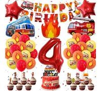Ezydka Set di decorazioni per il compleanno dei bambini con camion dei pompieri, palloncini con numeri, Happy Birthday Banner e Cake Topper per la perfetta auto dei pompieri (4)