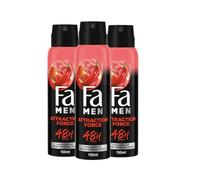 Fa Deodorante da uomo e spray per il corpo (3 x 150 ml), deodorante spray con profumo seducente, deodorante senza alluminio per una protezione fino a 48 ore, non lascia residui di deodorante