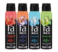 Fa For Men con deodorante spray antitraspirante e spray per il corpo, Dark Passion & Attraction Force & Kick Off & Speedster, 4 confezioni da 150 ml