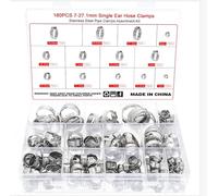 Faankiton 180 Pezzi Fascette Stringitubo a Orecchio Singolo, Fascette di Serraggio Singole, Fascetta a Vite Stringitubo Regolabili, 7-27.1mm 13 Misure Fascette Stringitubo in Acciaio Inox 304