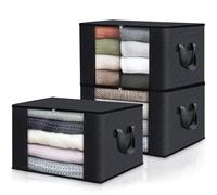 Fab totes Confezione da 3 sacchetti pieghevoli per riporre coperte, contenitori per organizzare camera da letto, armadio, vestiti, piumone, organizzazione e conservazione con coperchi e manico, nero
