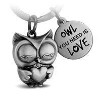 FABACH Portachiavi con gufo e cuore inciso, design gufo - Portachiavi dell'amicizia e dell'amore, portafortuna in metallo per donne - Owl You Need is Love, Argento antico, taglia unica, Casual