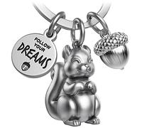 FABACH Portachiavi con scoiattolo Skippy con incisione - simpatico scoiattolo - portafortuna scoiattolo come regalo motivazionale per la fidanzata - Follow Your Dreams, Argento antico, taglia unica,