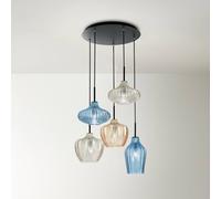 Fabas Luce Lampada a sospensione Olbia, Ø 50 cm, a 5 luci, ambra/blu/beige, vetro Fabas Luce