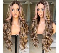 FABÉLLE parrucca in pizzo frontale morbida, capelli ondulati del bambino, biondi scuri e rosa per le donne parrucca in pizzo sintetico pre-allungata,densità 13x4x1,28 pollici