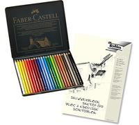 Faber-Castell 110024 - Matita colorata per artisti, 24 custodie in metallo policromo (+ blocco da disegno A4, custodia in metallo 24 colori)