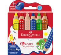 Faber-Castell 110635 Set Grippy, 6 Matitoni Colorati per Bambini Jumbo, Facilmente Lavabili, Forma Ergonomica Triangolare e Mina Spessa 10mm, Temperino Incluso