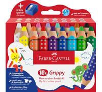 FABER-CASTELL 110645 Set Grippy, 16 Matitoni Colorati per Bambini Jumbo, Facilmente Lavabili, Forma Ergonomica Triangolare e Mina Spessa 10mm, Temperino Incluso