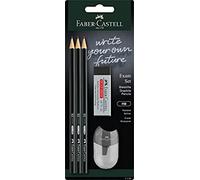 FABER-CASTELL Exam 11183 - Set di matite con tre matite 1111, durezza HB, con temperamatite e gomma, colore: Nero
