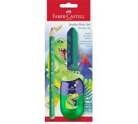 Faber-Castell 111529 - Set da scrittura Dino con matita jumbo, temperino e gomma, set scolastico per bambini
