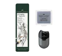 Faber-Castell, 117805, 5 matite acquerellabili Graphite Aquarelle, durezza HB, 2B, 4B, 6B, 8B, con doppia punta e gomma per impasto