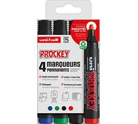 Faber-Castell 159004 - Marcatori permanenti Uni Prockey, punta a cuneo 3-6 mm, astuccio da 4 pezzi, colore: Nero/Verde/Rosso/Blu
