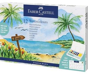 Faber-Castell 169714 - Mini set acquerelli con 12 colori ad acquerello e pennello con serbatoio d'acqua, Tropical Escapes