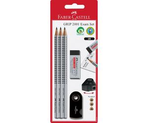 FABER-CASTELL 217079 - Set di matite Grip 2001 Exam con 3 matite, 1 gomma e 1 temperino, argento/nero